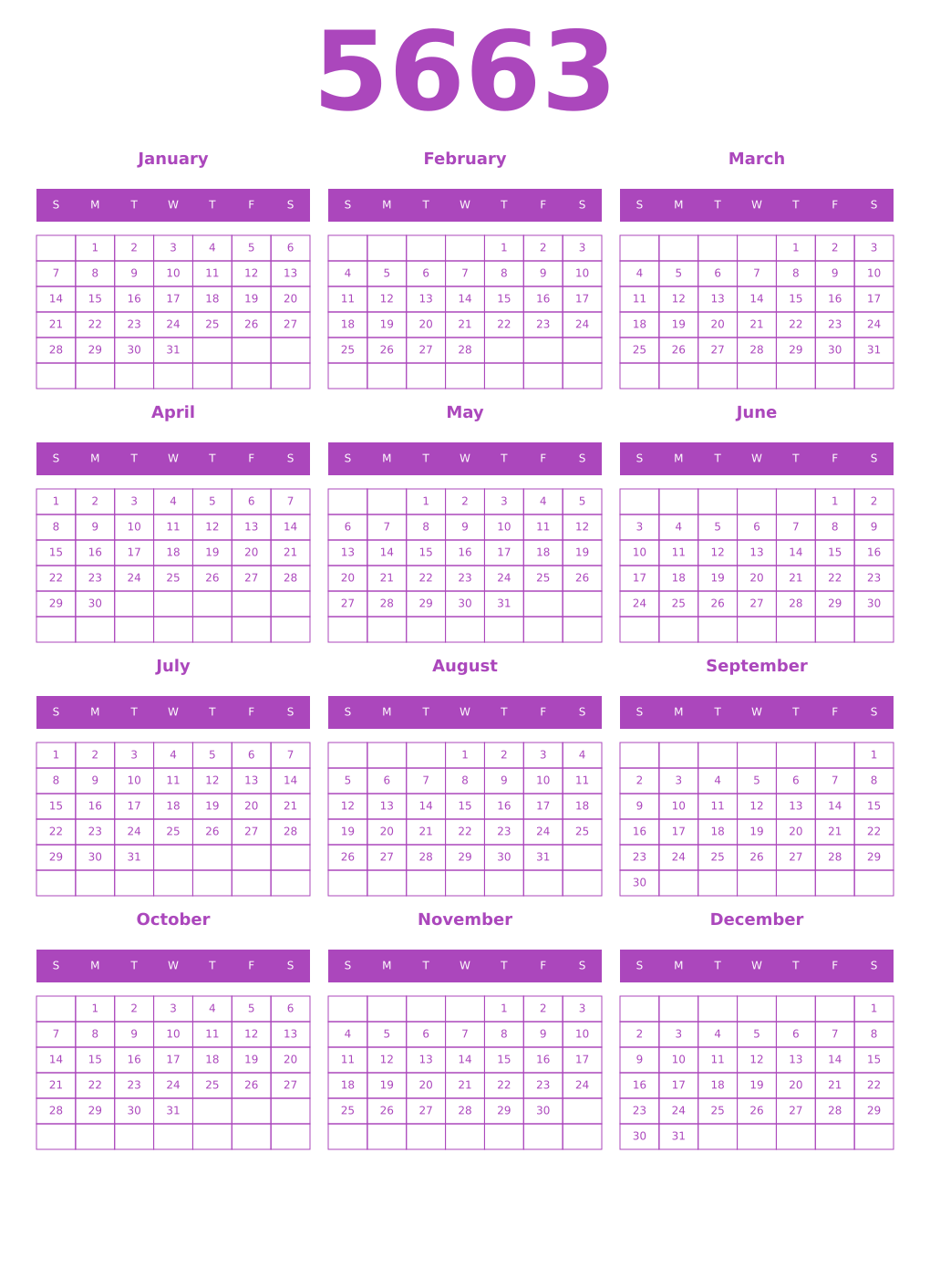 Printable 5663 Year Calendars purple