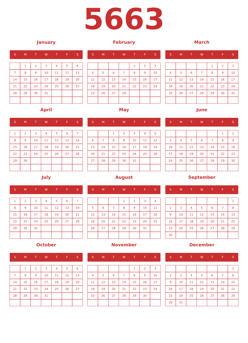 Printable 5663 Year Calendars red