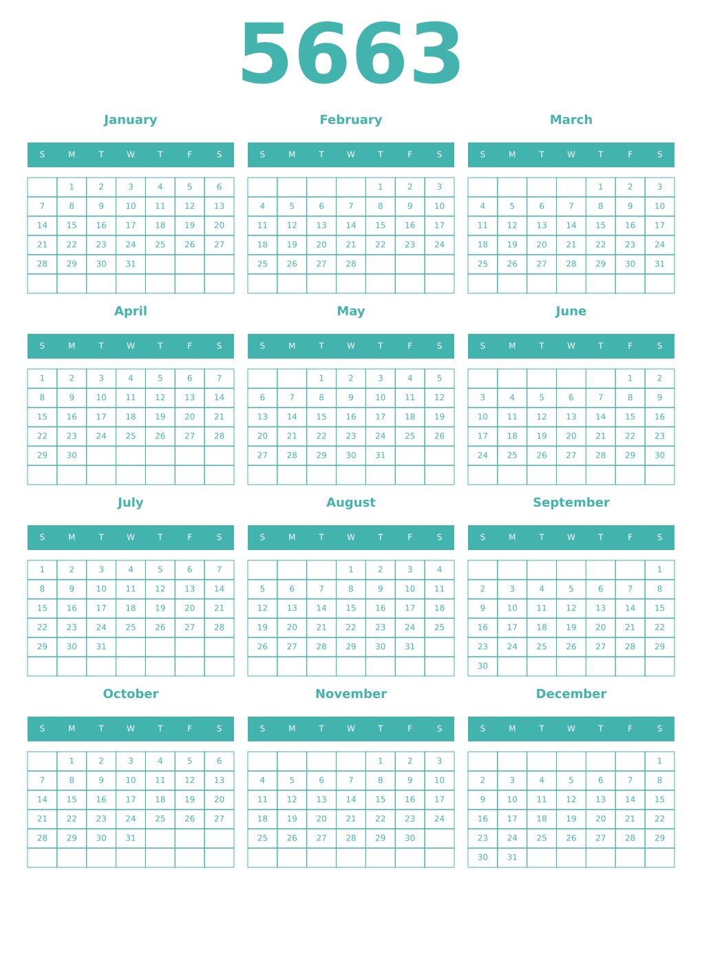 Printable 5663 Year Calendars verdigris