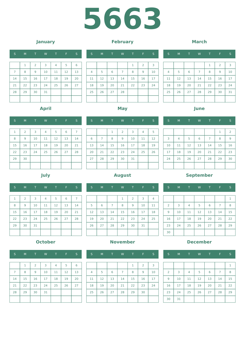 Printable 5663 Year Calendars viridian