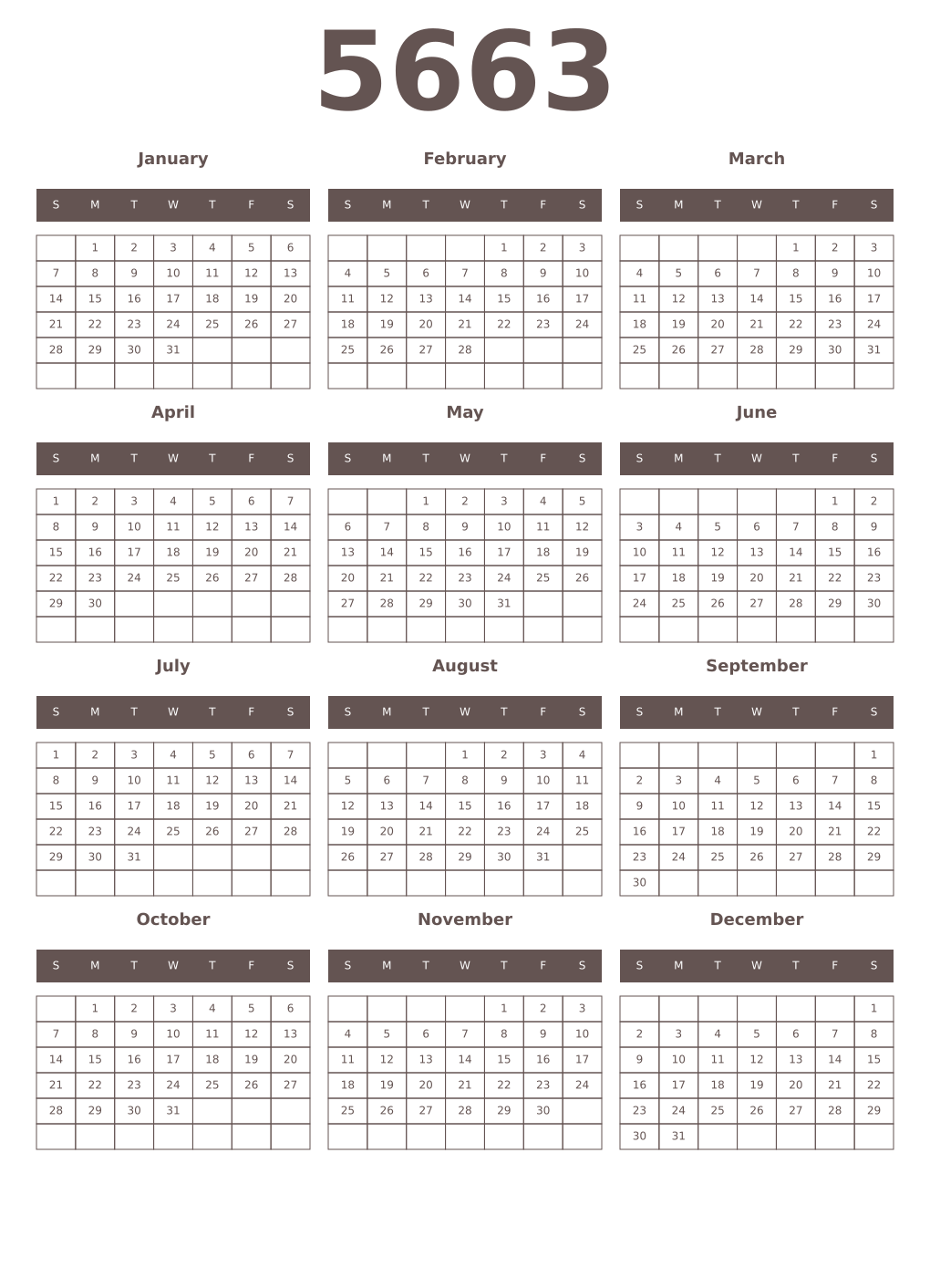 Printable 5663 Year Calendars wenge