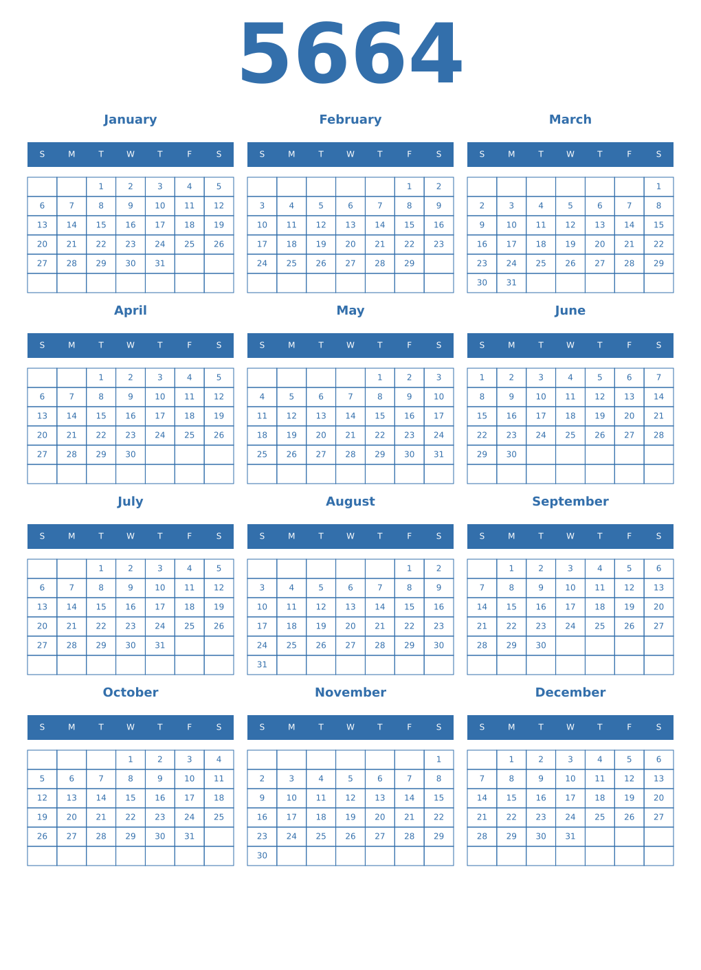 Printable 5664 Year Calendars blue