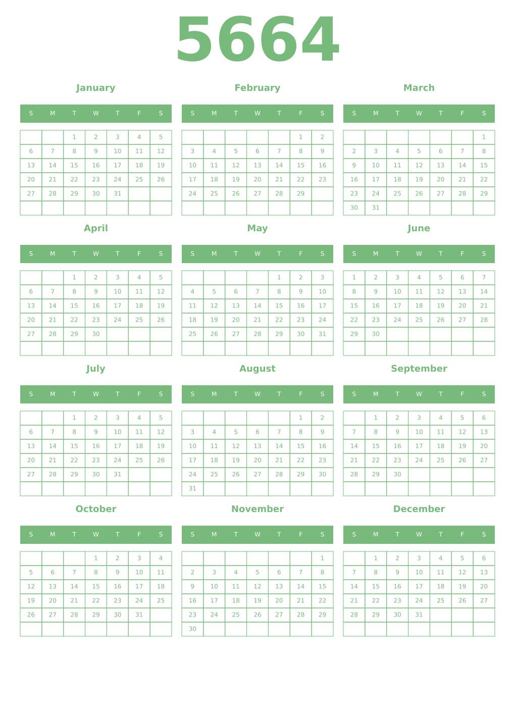 Printable 5664 Year Calendars celadon