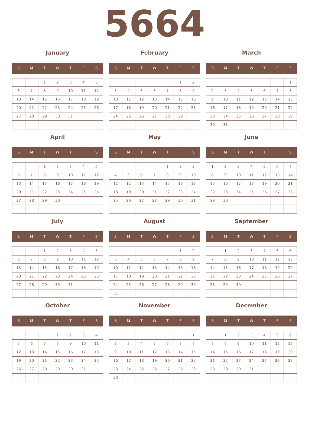 Printable 5664 Year Calendars coffe