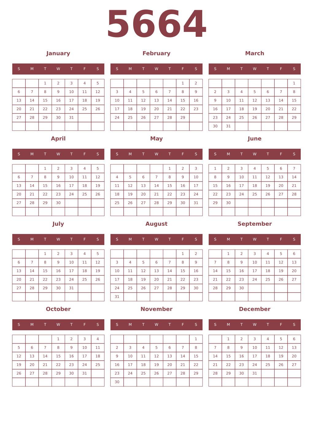 Printable 5664 Year Calendars cordovan
