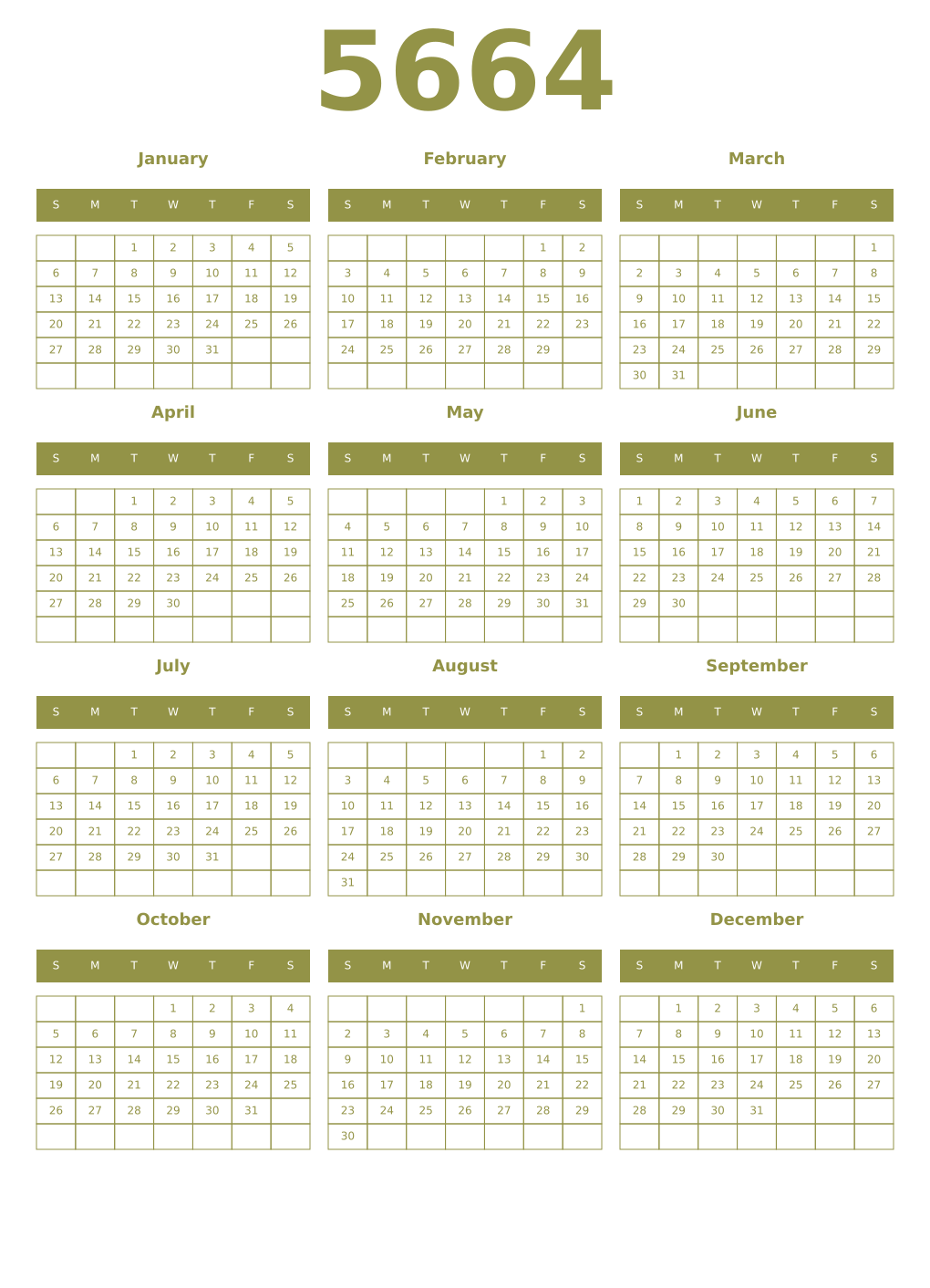 Printable 5664 Year Calendars eburnean