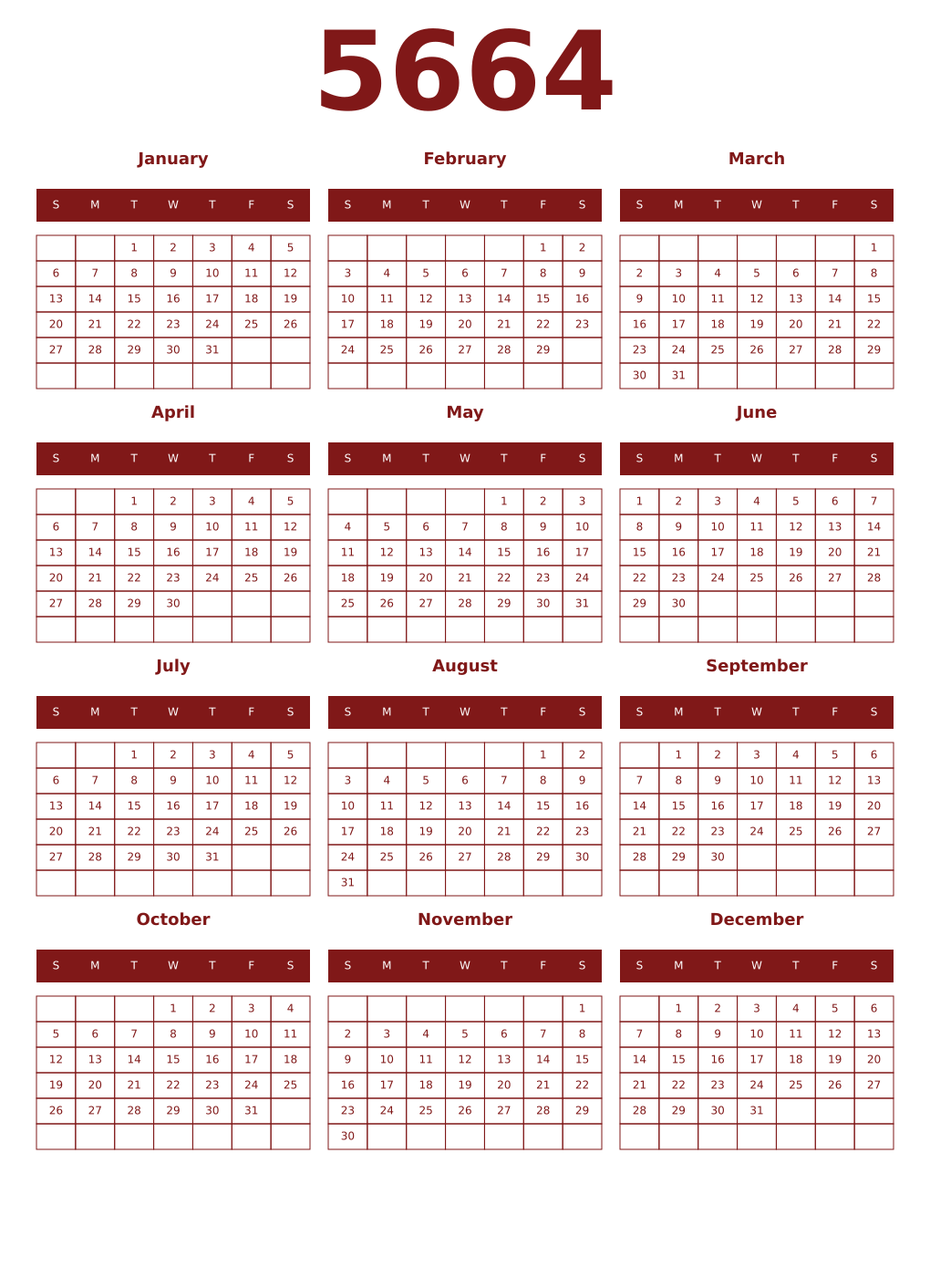 Printable 5664 Year Calendars falu