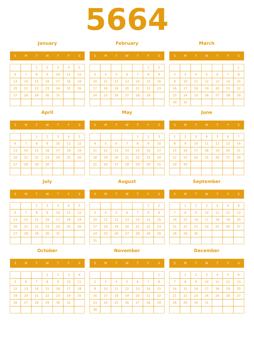 Printable 5664 Year Calendars gamboge