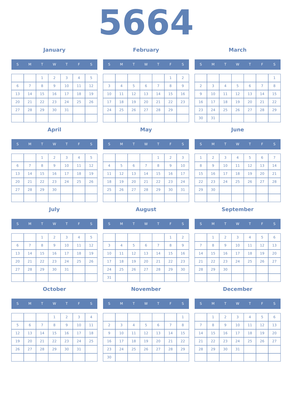 Printable 5664 Year Calendars glaucous