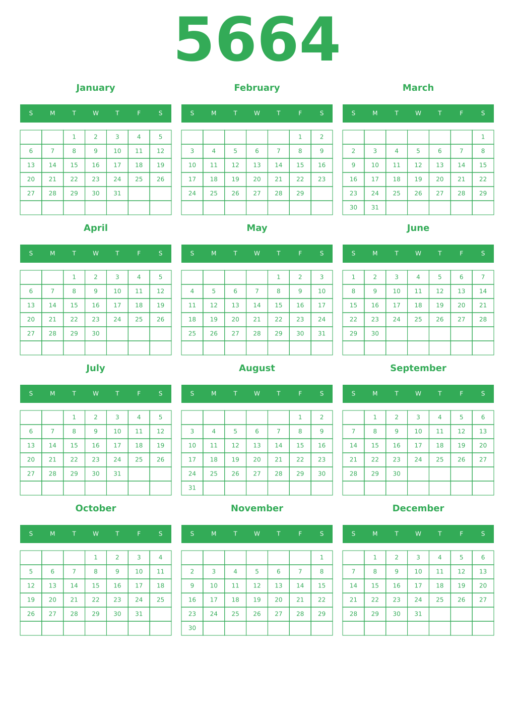 Printable 5664 Year Calendars green