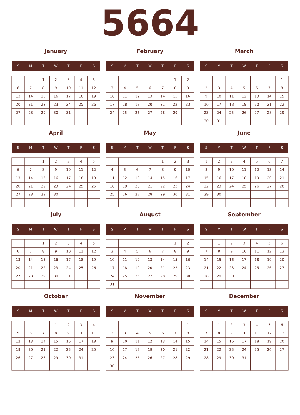 Printable 5664 Year Calendars mortuum
