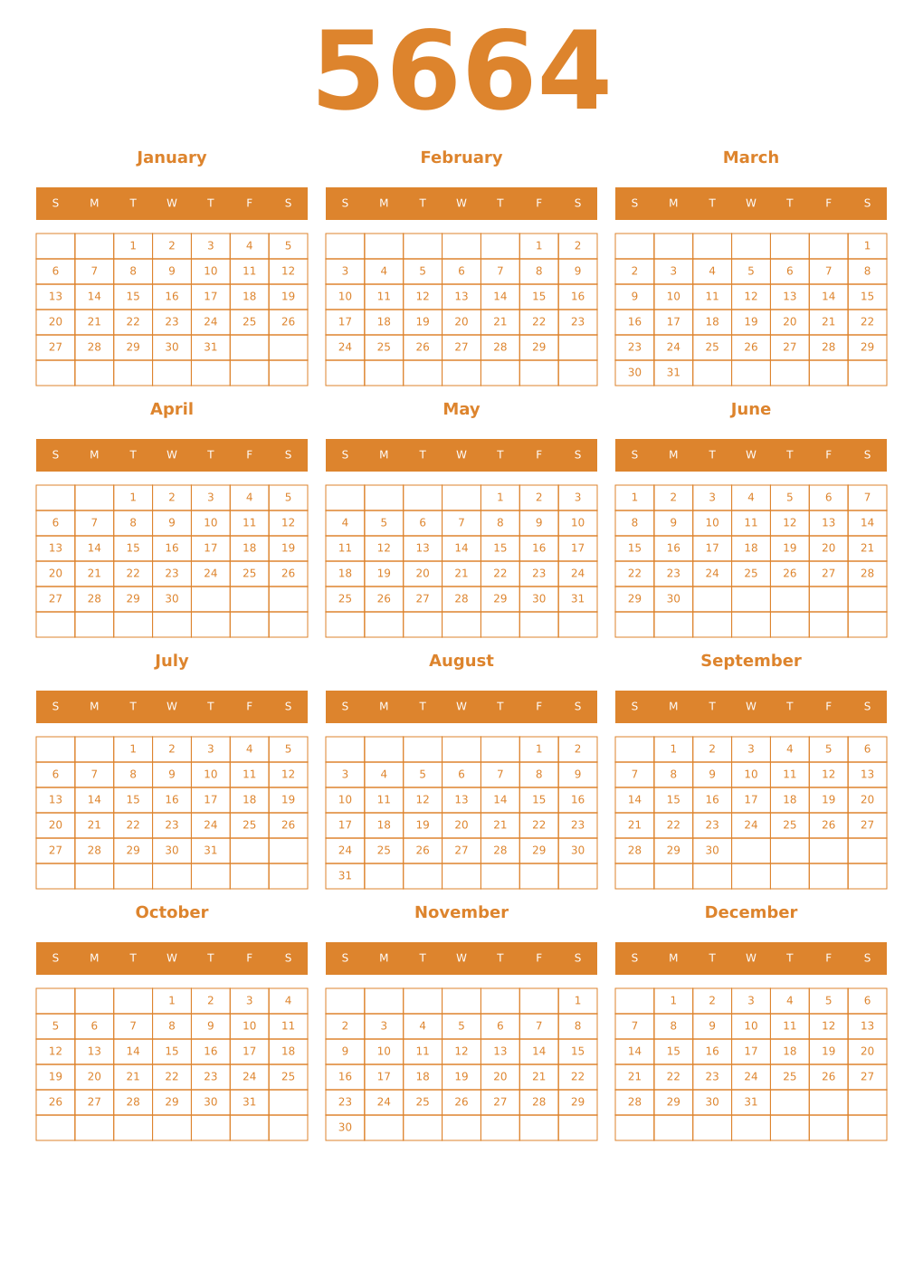 Printable 5664 Year Calendars orange