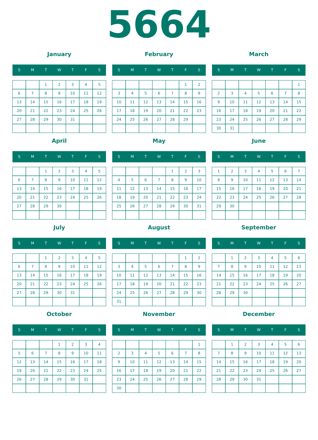 Printable 5664 Year Calendars pastel