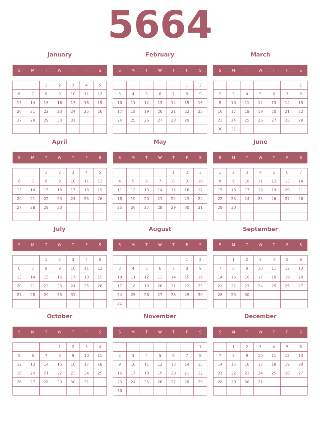 Printable 5664 Year Calendars puce
