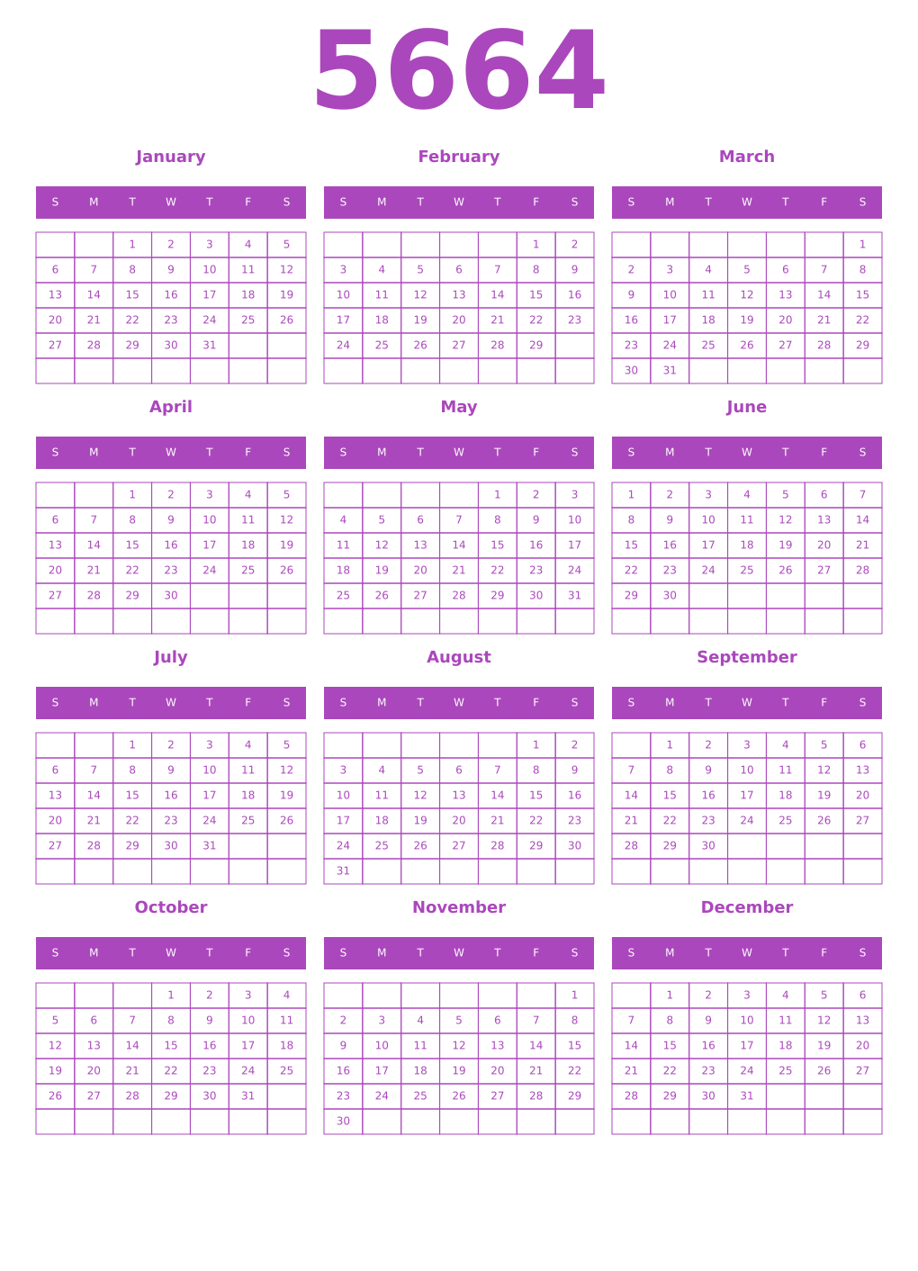 Printable 5664 Year Calendars purple
