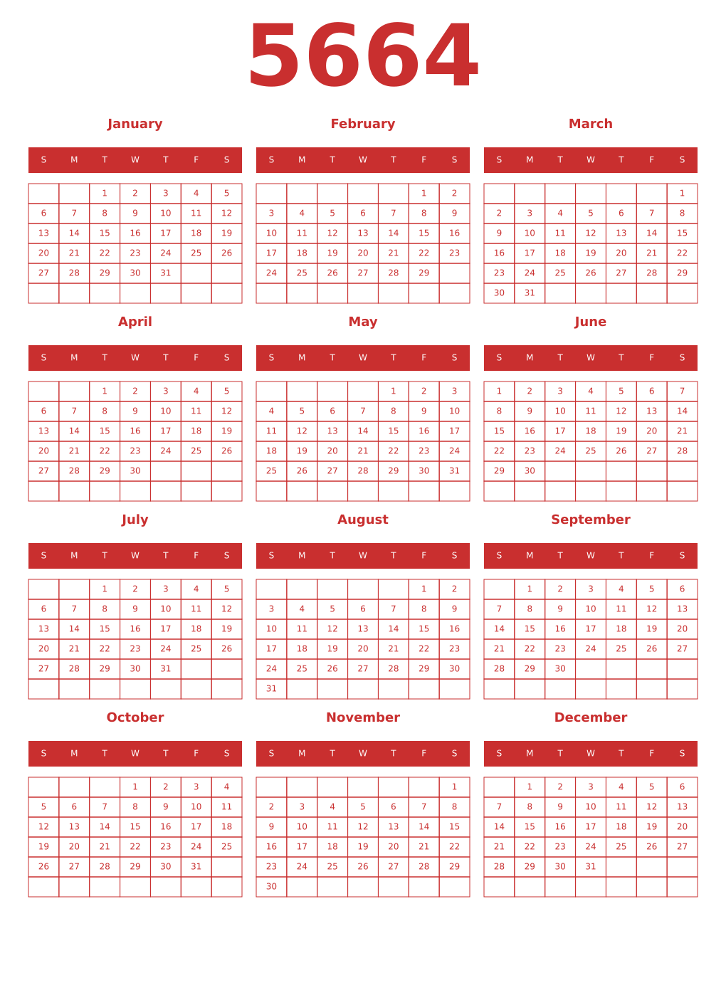 Printable 5664 Year Calendars red