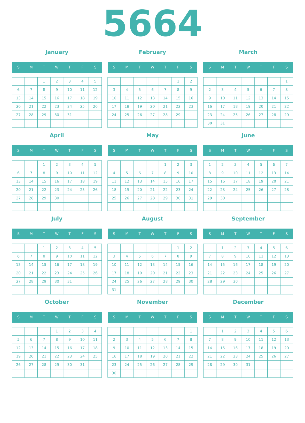 Printable 5664 Year Calendars verdigris