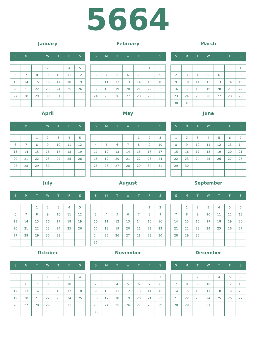 Printable 5664 Year Calendars viridian