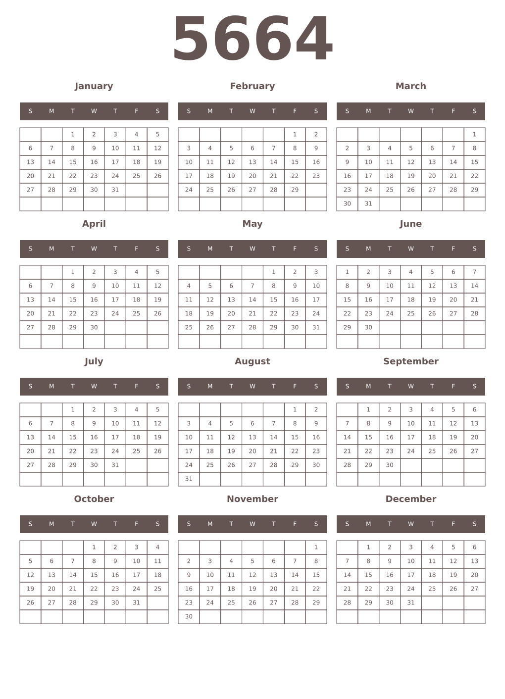 Printable 5664 Year Calendars wenge