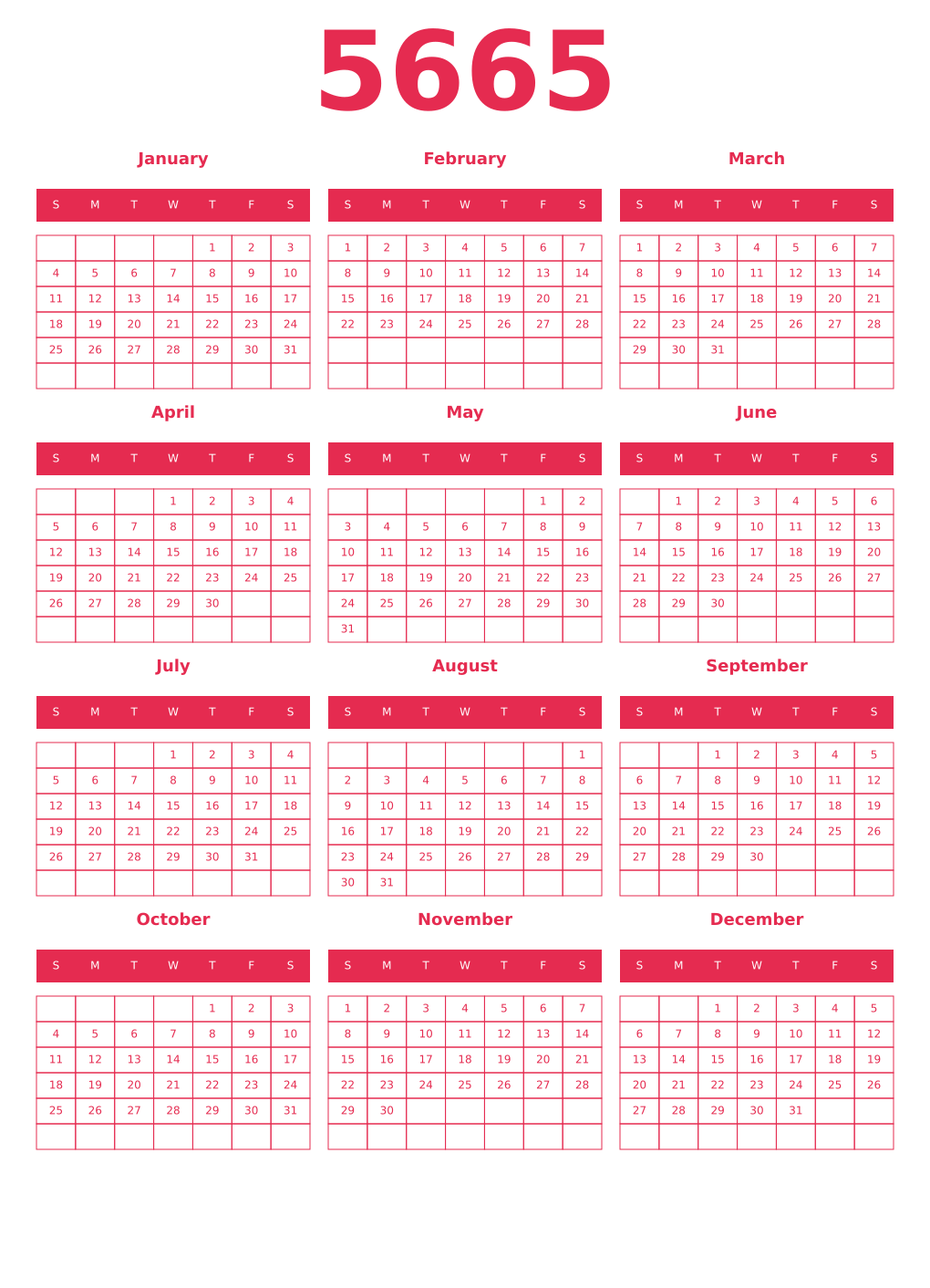 Printable 5665 Year Calendars amaranth