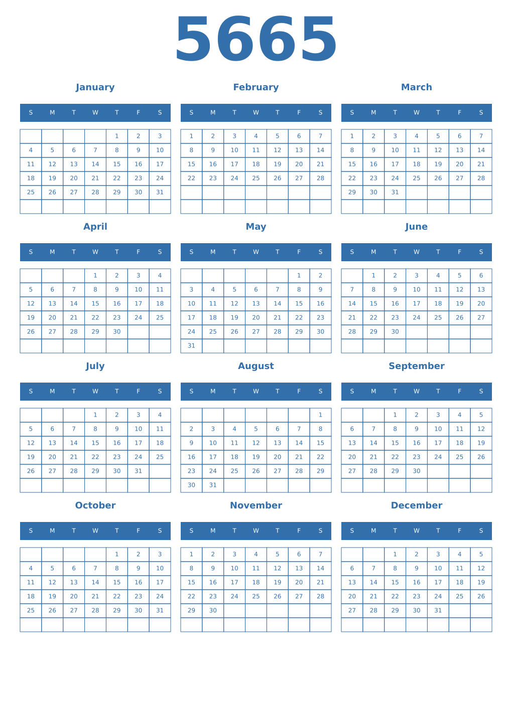 Printable 5665 Year Calendars blue