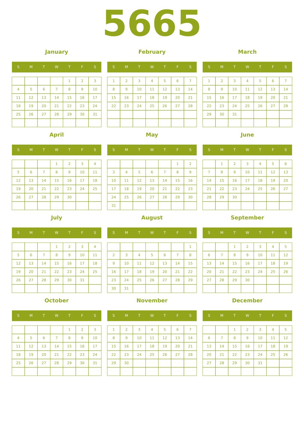 Printable 5665 Year Calendars chartreuse