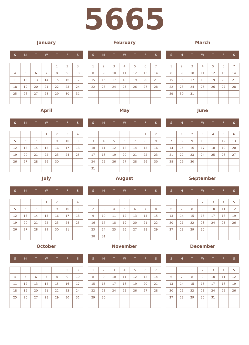 Printable 5665 Year Calendars coffe