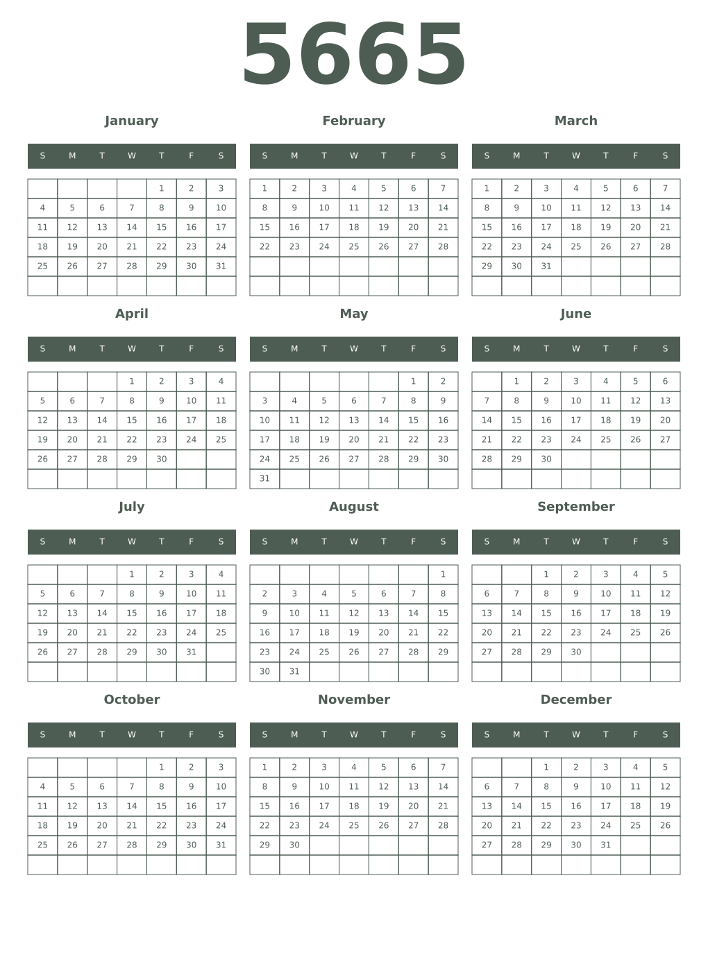 Printable 5665 Year Calendars feldgrau
