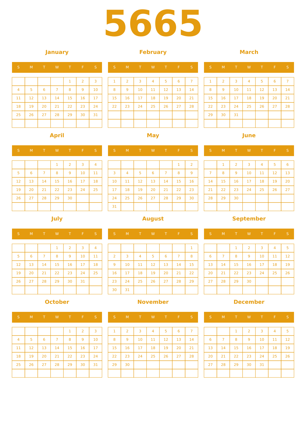 Printable 5665 Year Calendars gamboge