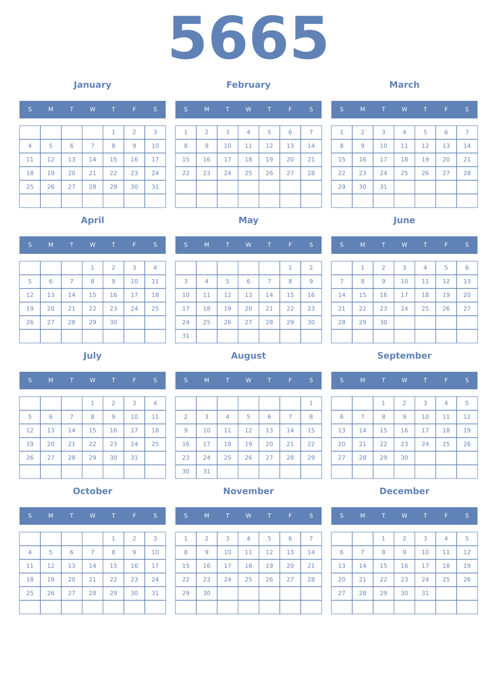 Printable 5665 Year Calendars glaucous