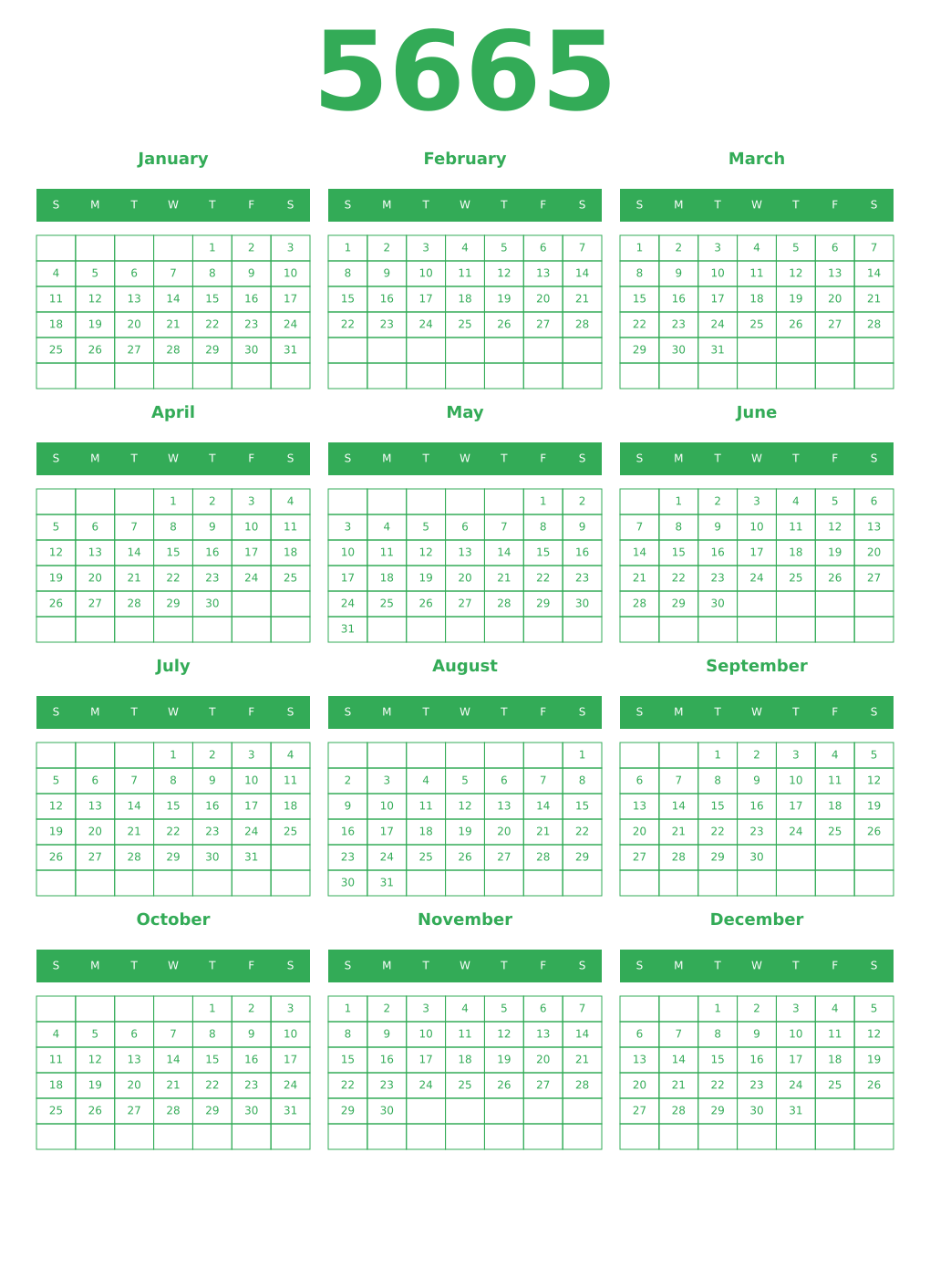 Printable 5665 Year Calendars green