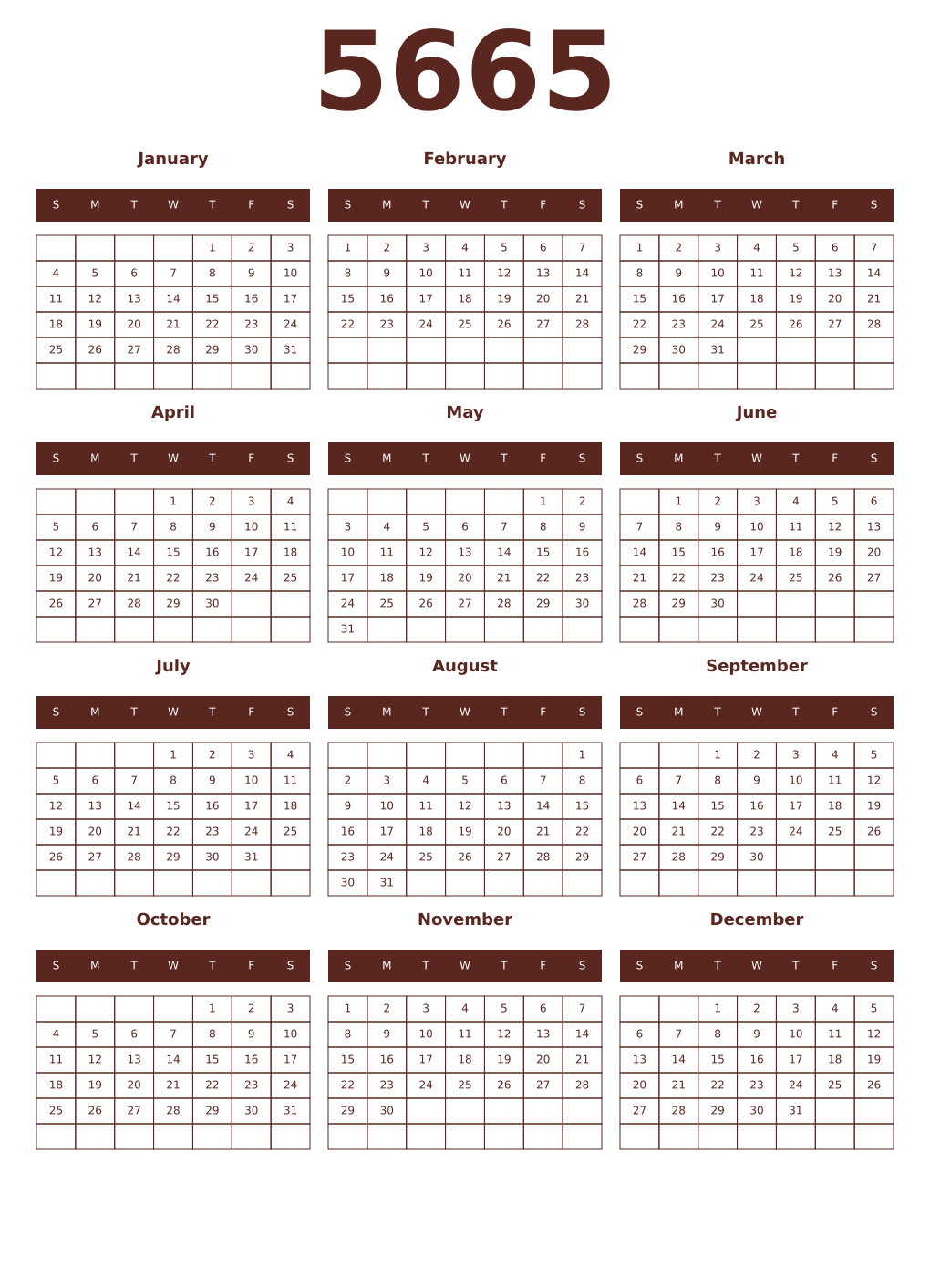 Printable 5665 Year Calendars mortuum