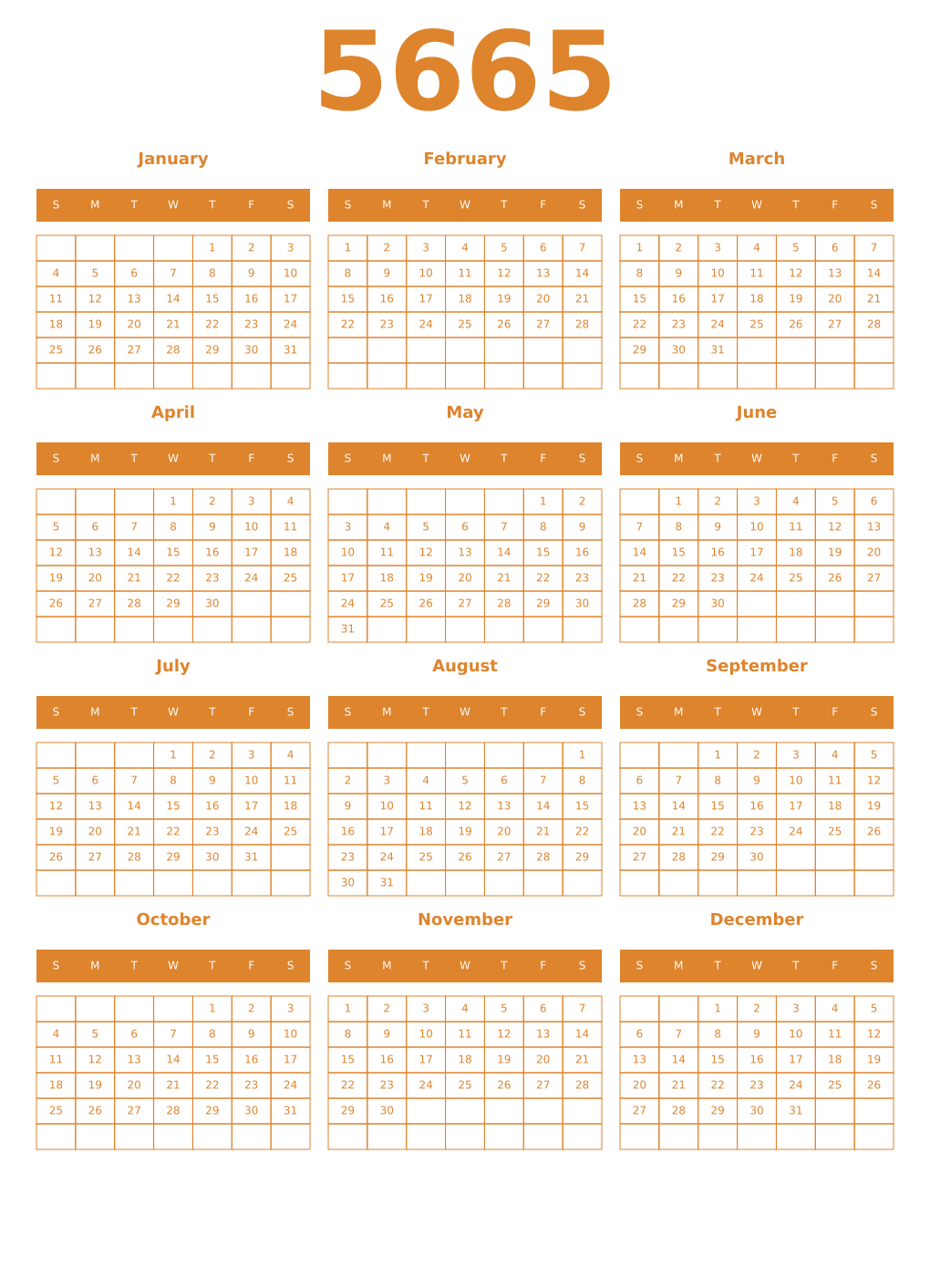Printable 5665 Year Calendars orange
