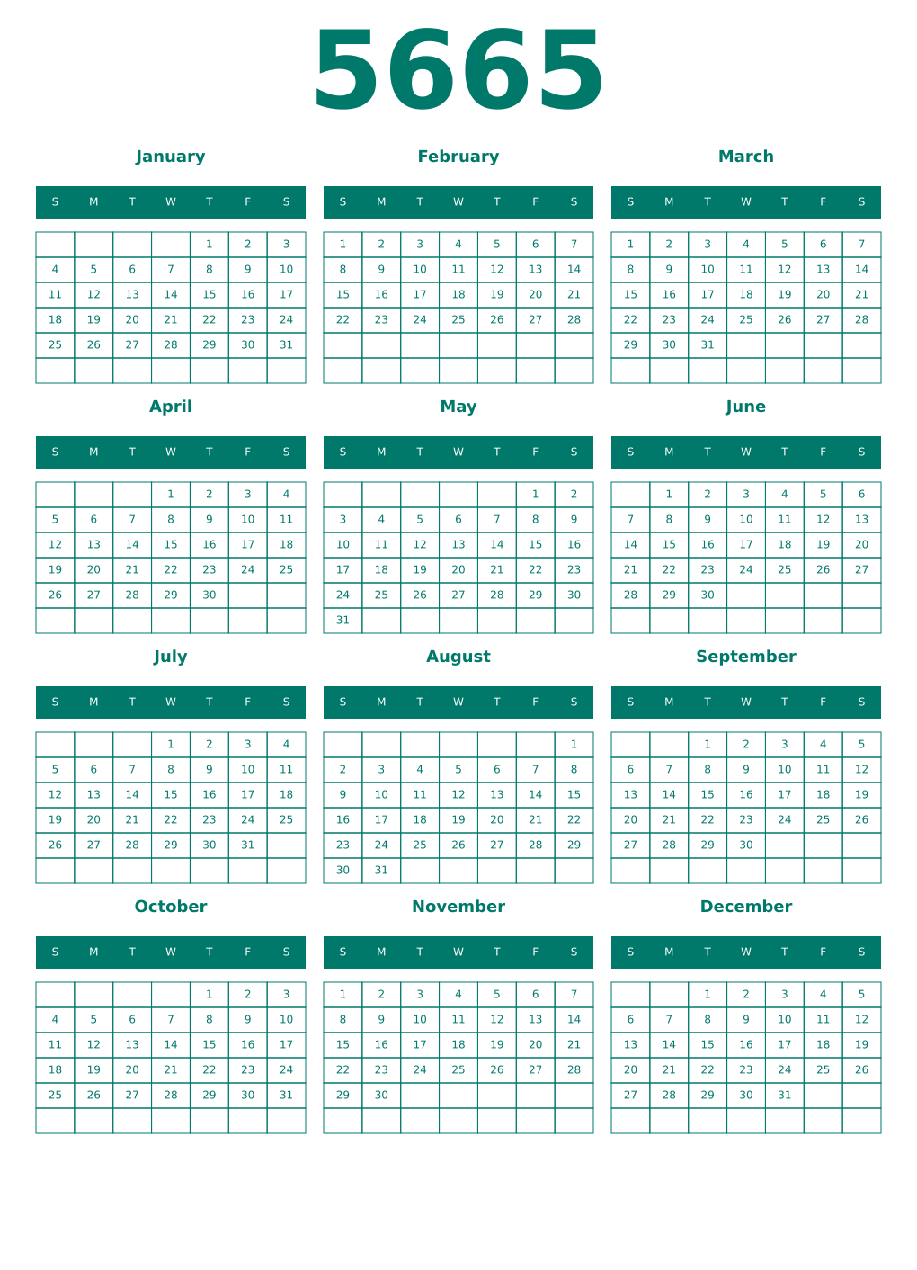 Printable 5665 Year Calendars pastel