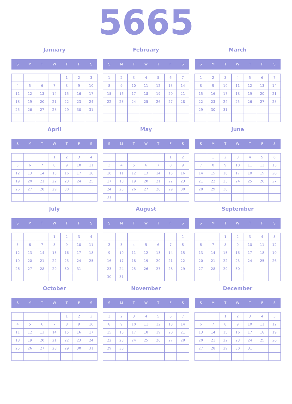 Printable 5665 Year Calendars periwinkle