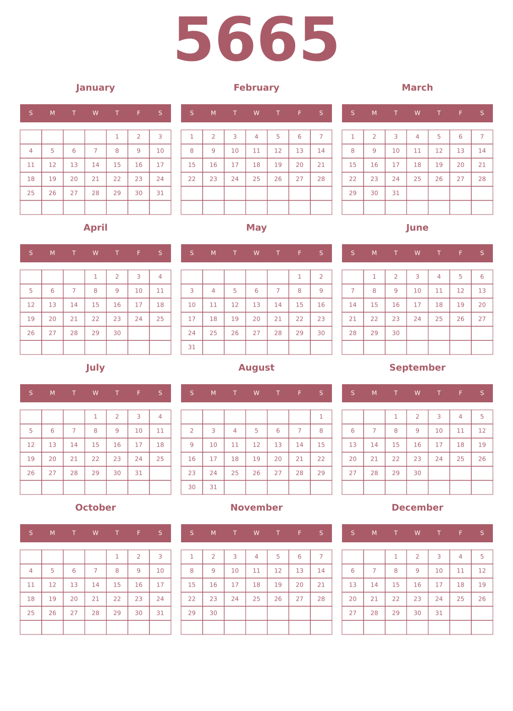 Printable 5665 Year Calendars puce