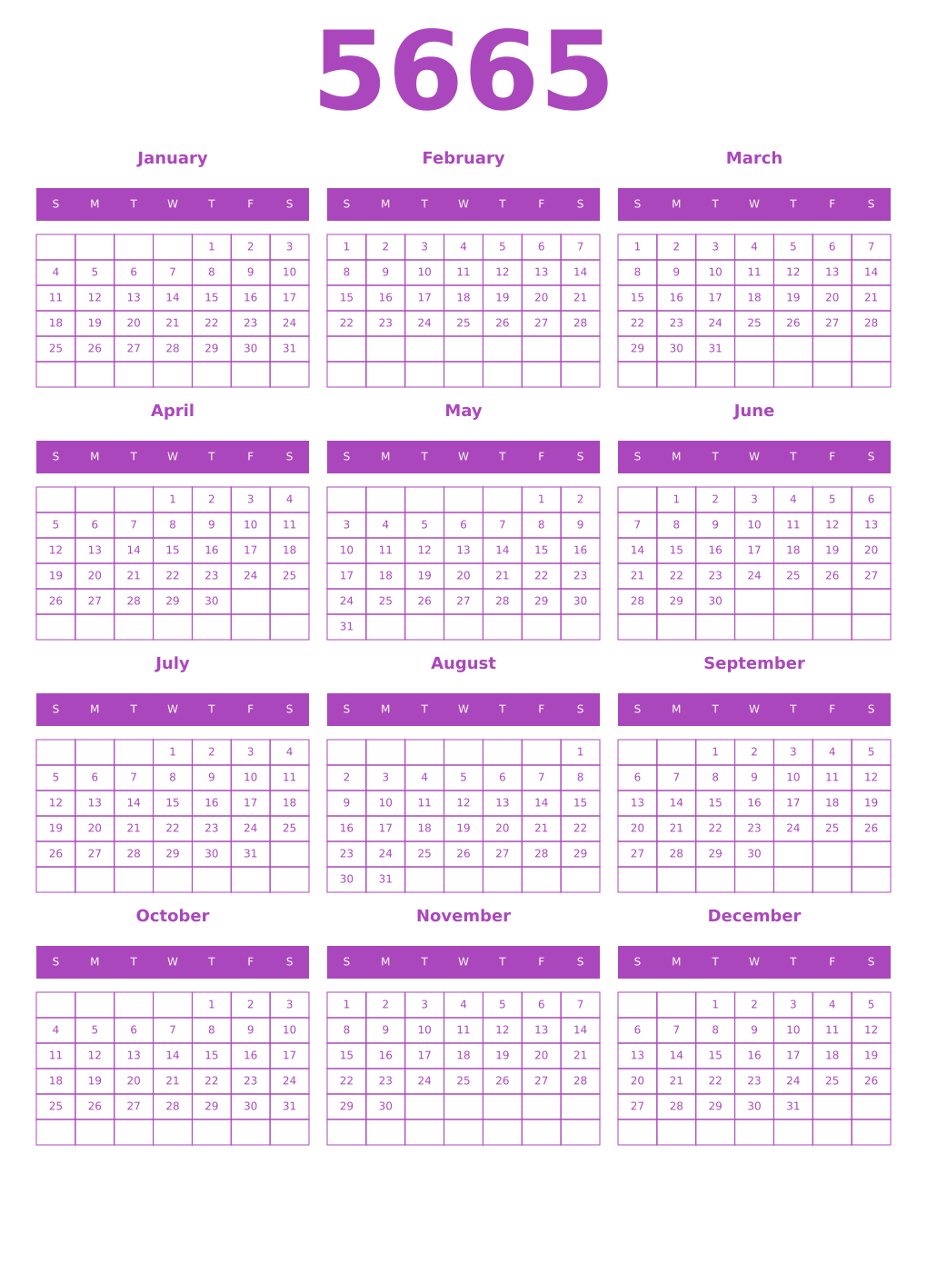 Printable 5665 Year Calendars purple