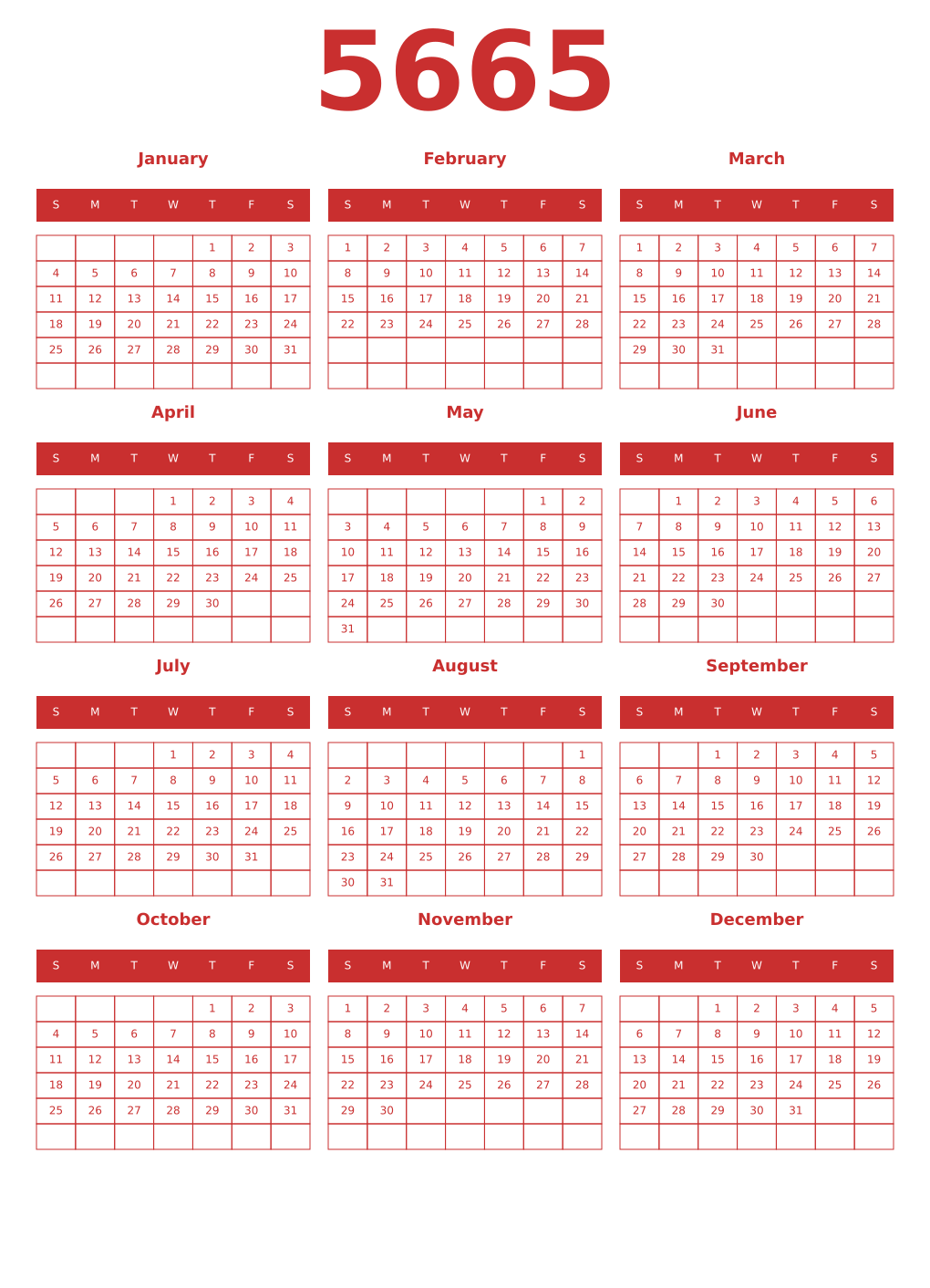 Printable 5665 Year Calendars red