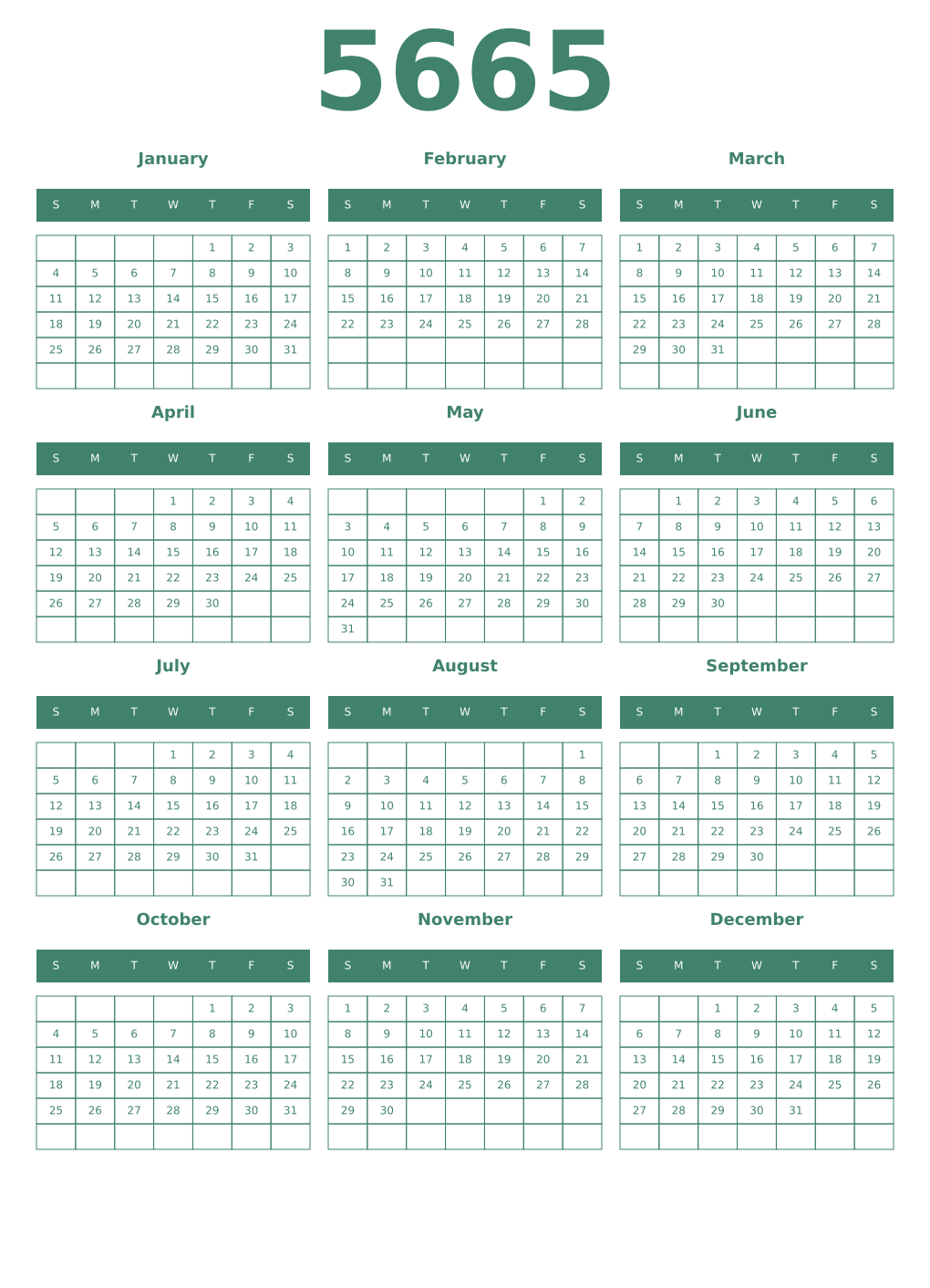 Printable 5665 Year Calendars viridian