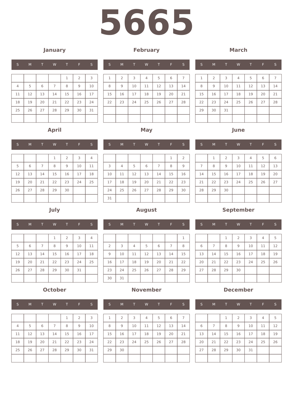 Printable 5665 Year Calendars wenge