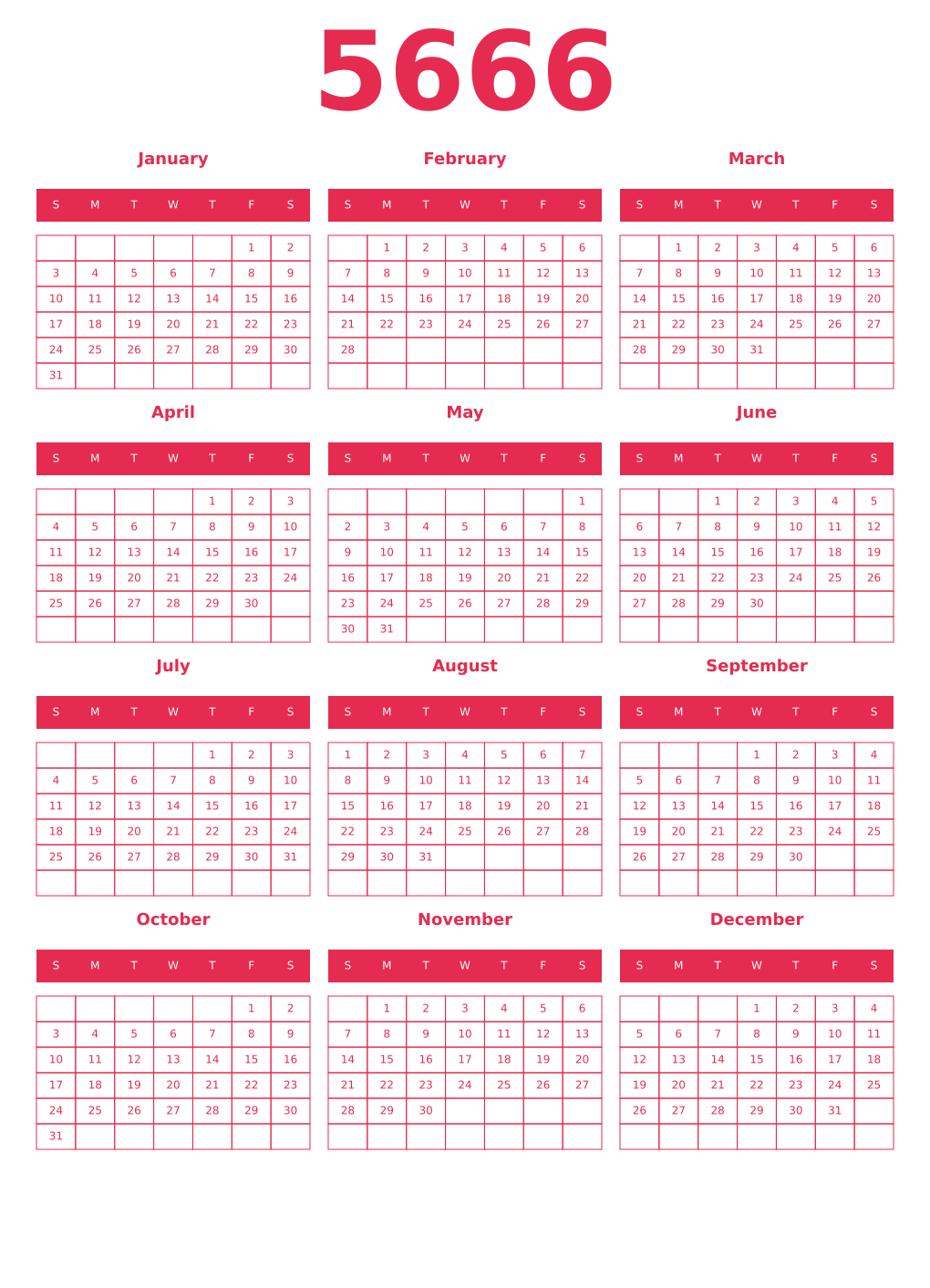 Printable 5666 Year Calendars amaranth