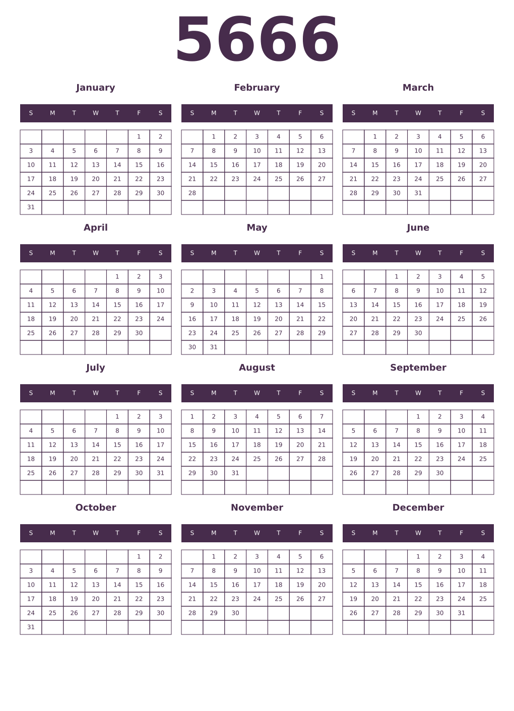Printable 5666 Year Calendars aubergine