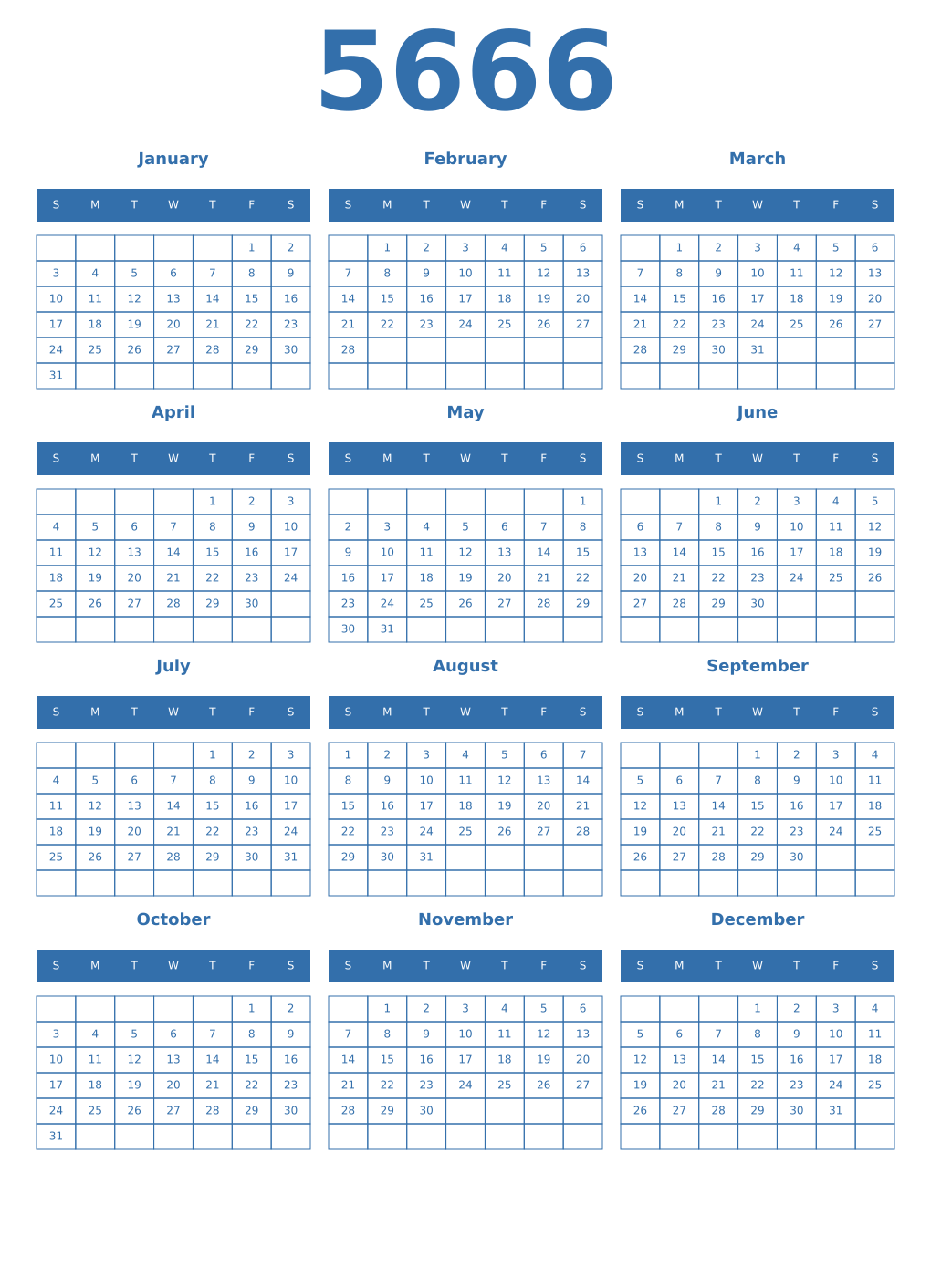 Printable 5666 Year Calendars blue