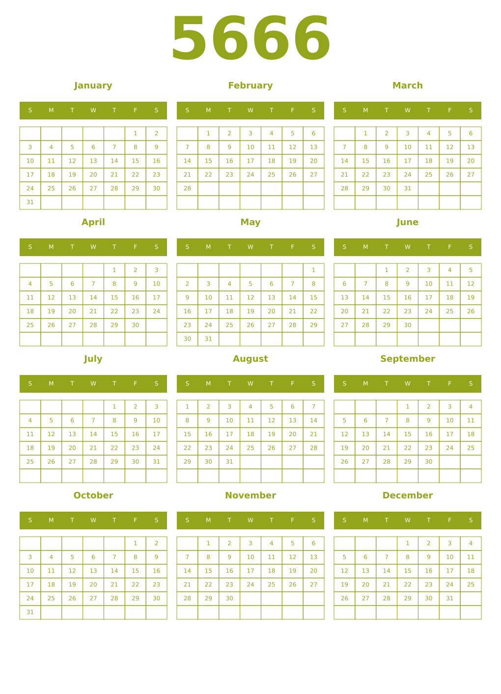Printable 5666 Year Calendars chartreuse