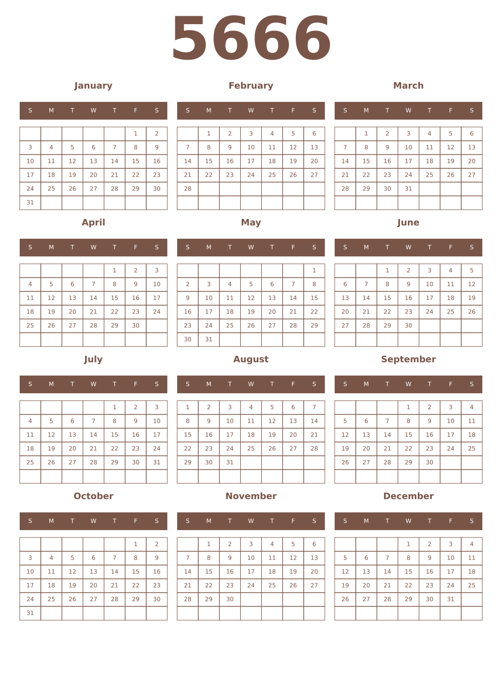 Printable 5666 Year Calendars coffe