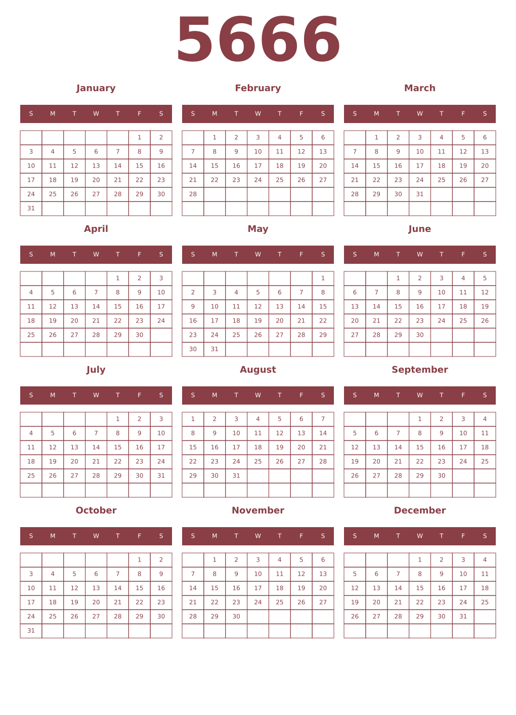 Printable 5666 Year Calendars cordovan