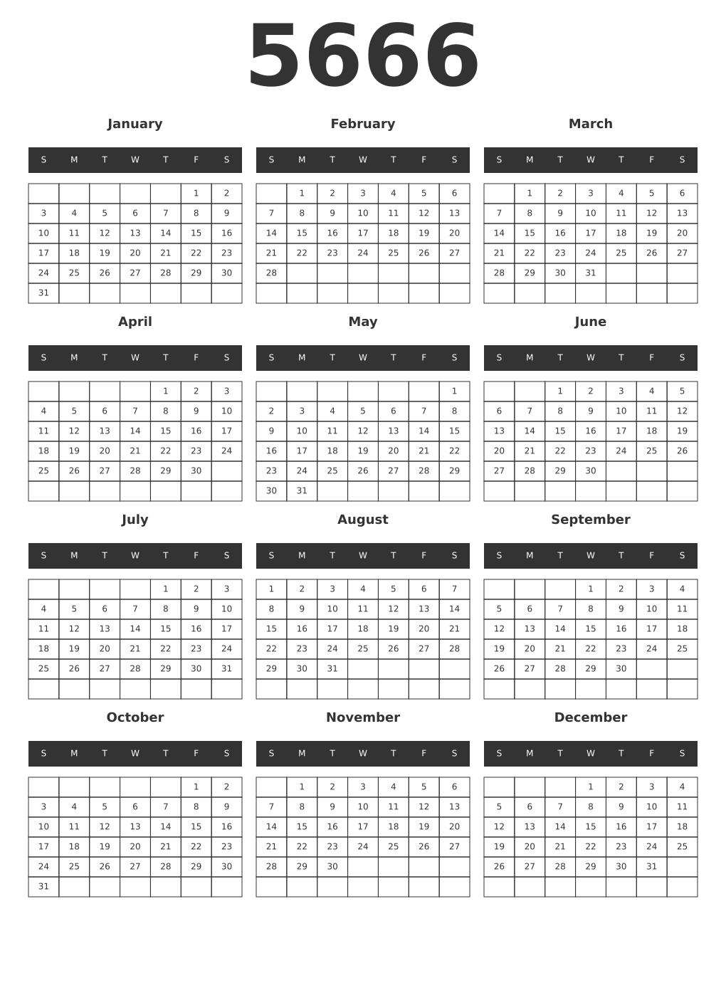 Printable 5666 Year Calendars dark