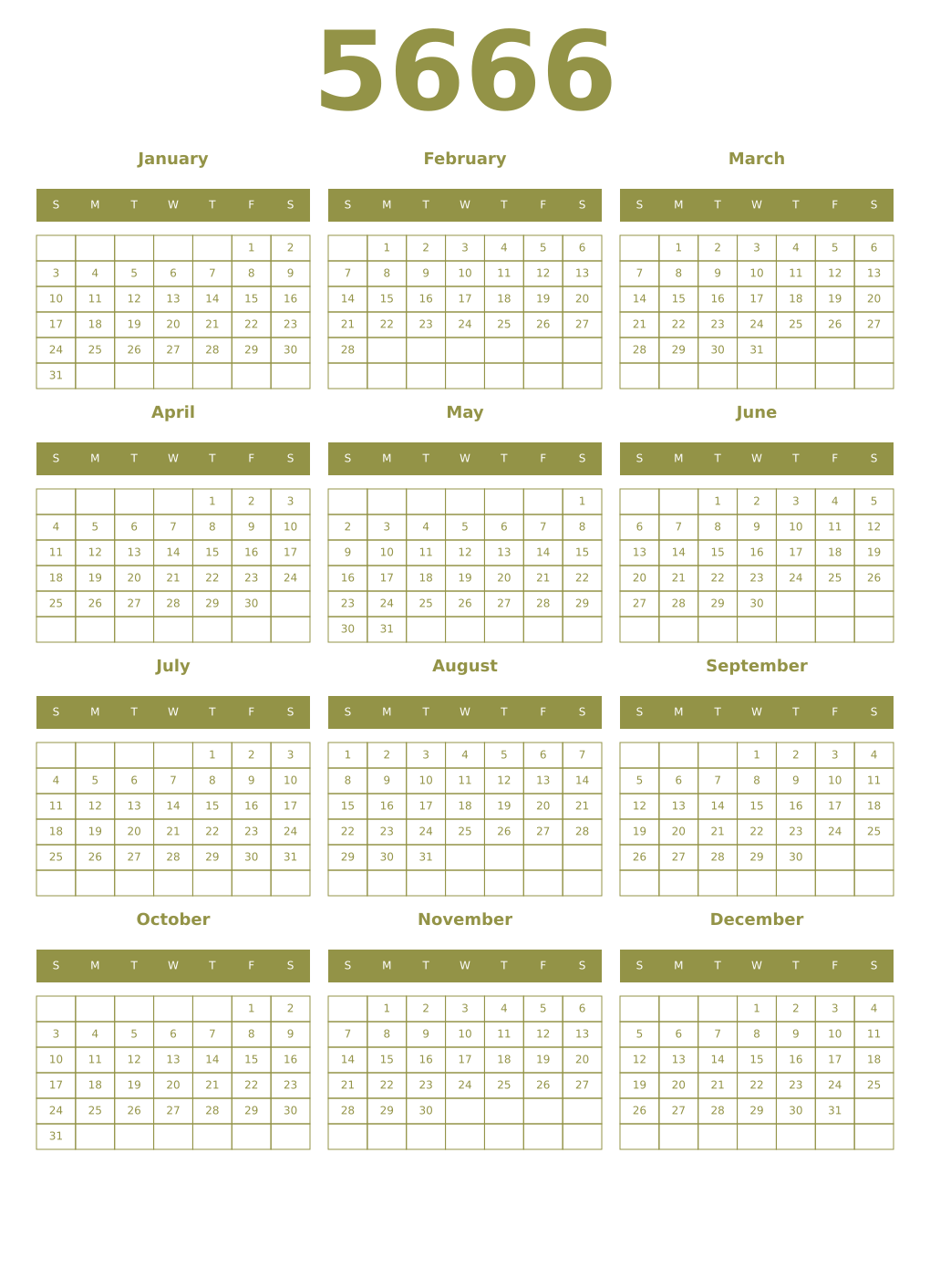 Printable 5666 Year Calendars eburnean