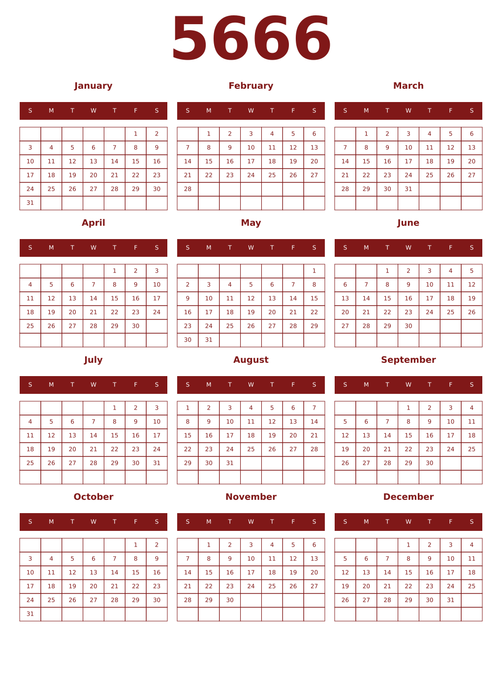 Printable 5666 Year Calendars falu