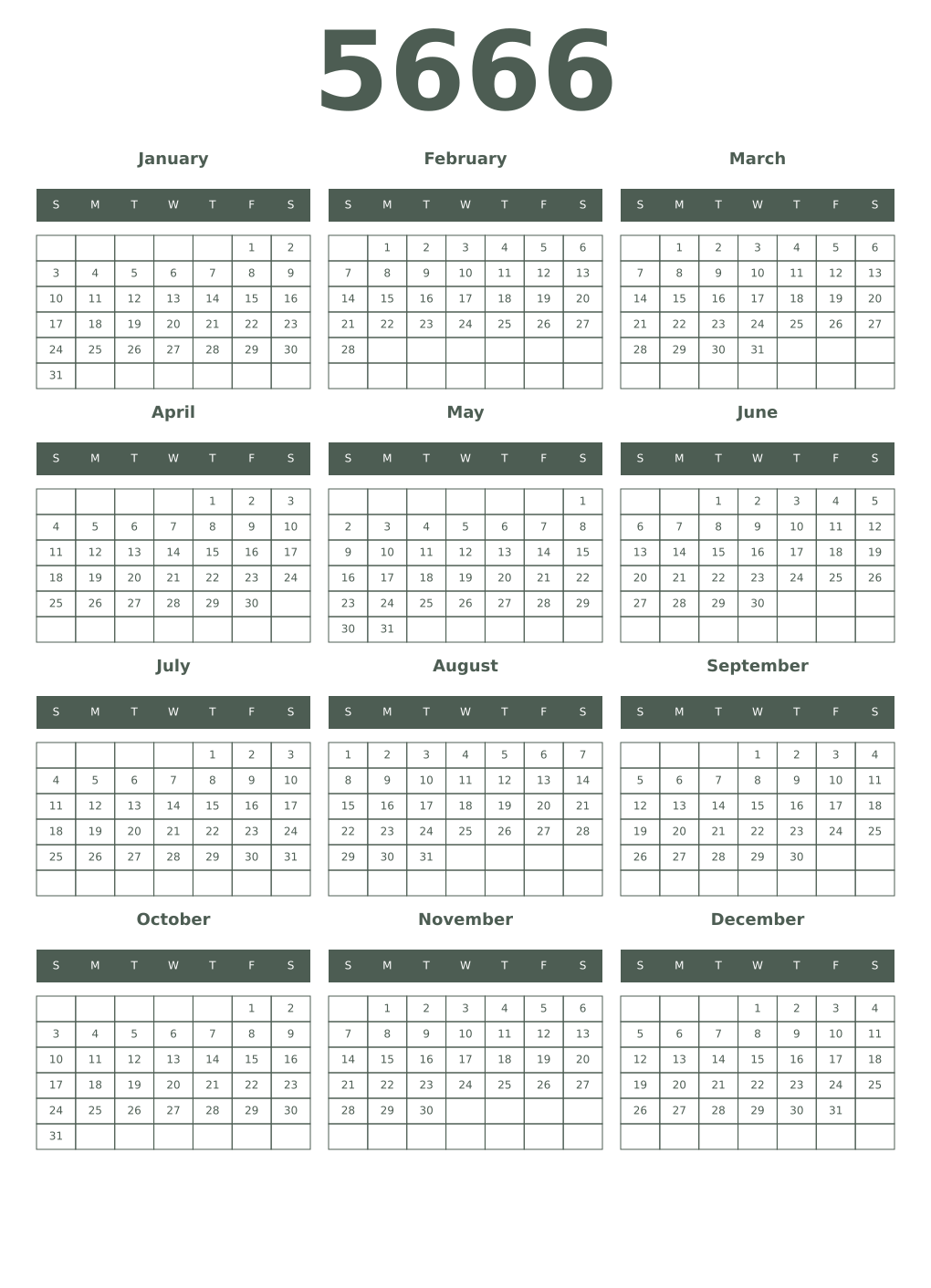 Printable 5666 Year Calendars feldgrau